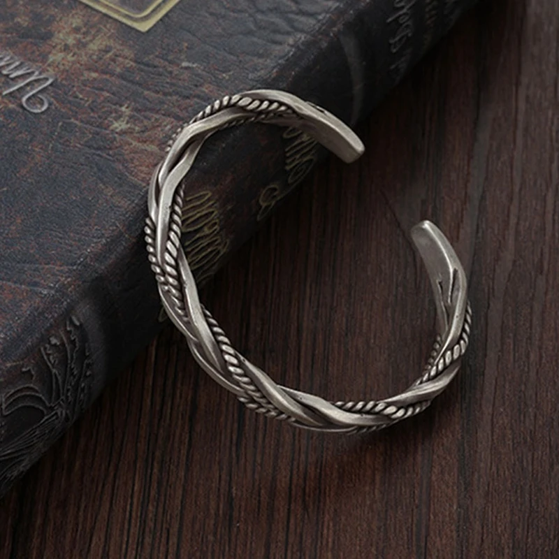 Personality S925 Silver Fried Dough Twists Woven Bangle Men's and women's Retro Creative Opening Cuban Bracelet Jewelry Gift