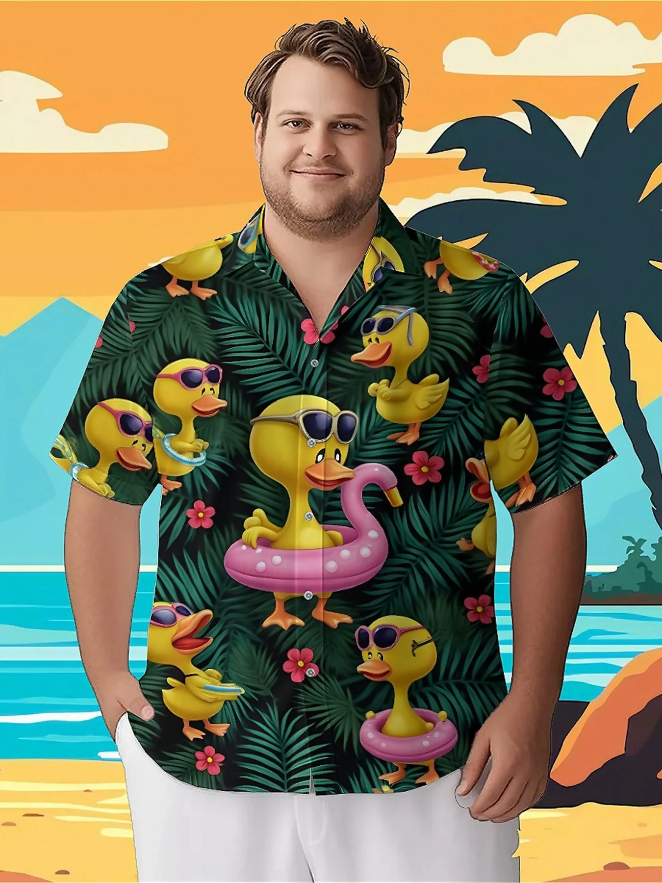 Men's Plus Size Hawaiian Shirts Tropical Ducks pattern, Unisex Aloha Shirts,New in Summer Tops Tee,streetwear
