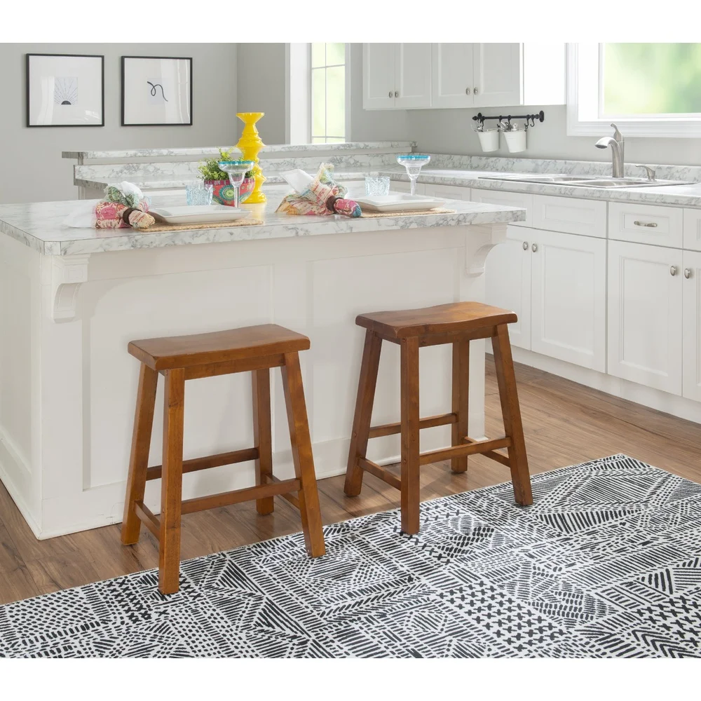 Wooden Saddle Seat Counter Stool 24in Height Rustic Design Simple Assembly Comfortable Footrest Barstool Kitchen Dining Room