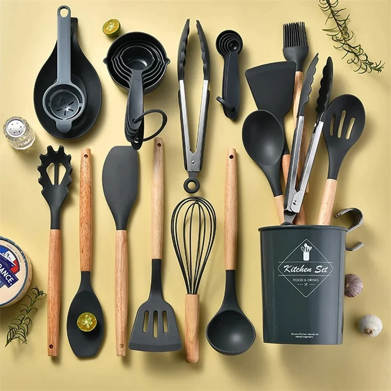 34Pcs Silicone Utensils Set Non-Stick Cookware Wooden Handle Spatula Shovel Egg Beaters Kitchenware Kitchen Accessories