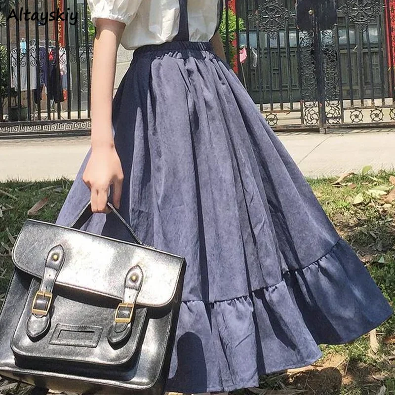 

Solid Dresses Women Ruffles Sleeveless Japanese Style Chic Trendy College Sweet Harajuku Elastic Waist Vestido Feminino Kawaii