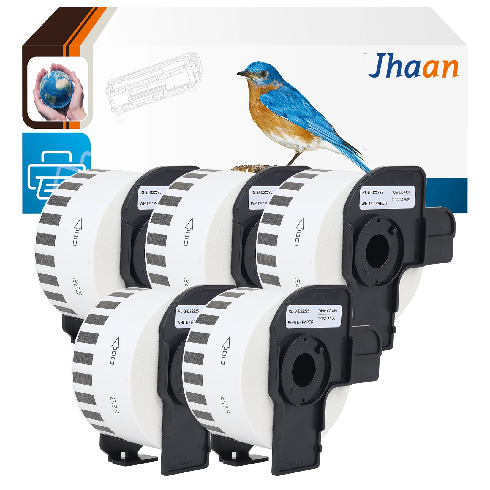 Jhaan 5 X DK-22225 (38x30mm, 48m) Kompatible Etiketten, kompatibel mit Brother QL-500, QL-550, QL-570, QL-580N, QL-650TD, QL-700 – Detail 1