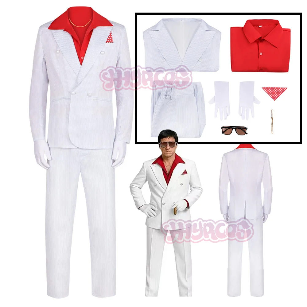 

Аниме Лицо со шрамом Косплей Тони Монтана Костюм Мужчины Женщины Белая Униформа Наряды Костюм Хэллоуин Вечеринка Ролевые Игры Одежда Аксессуары