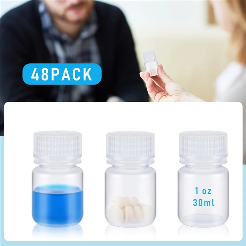 AC57-48Pcs 1 Oz Pill Bottle Sample Bottle Polypropylene Wide Mouth Reagent Bottle Plastic PP Sample Container With Cap