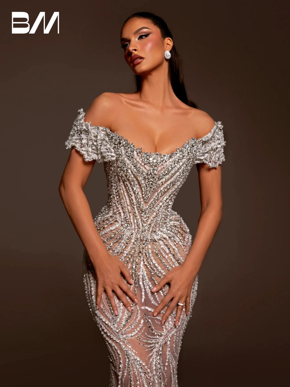 Exquisite Off the Shoulder Formal Occasion Dress Bead Sequins Evening Gown No Veil Mermaid Illusion Customized Vestido De Novia