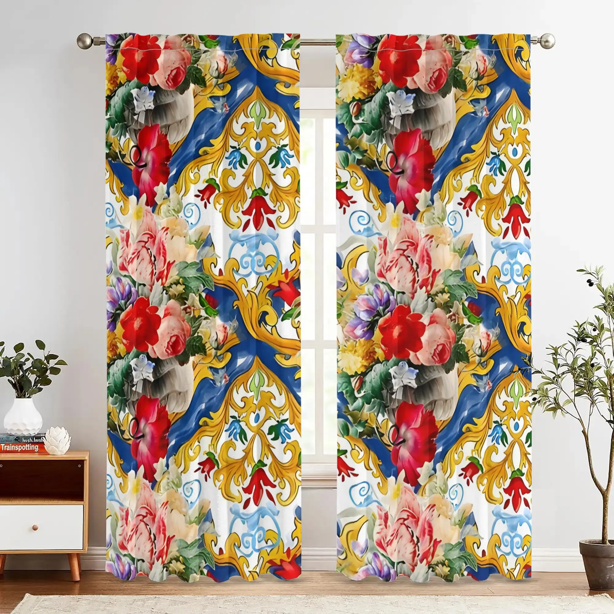 

Luxurious Baroque Floral Print Curtains Window Drapes Home Decoration Red Blue Gold Pattern Elegant Living Room Bedroom Curtain