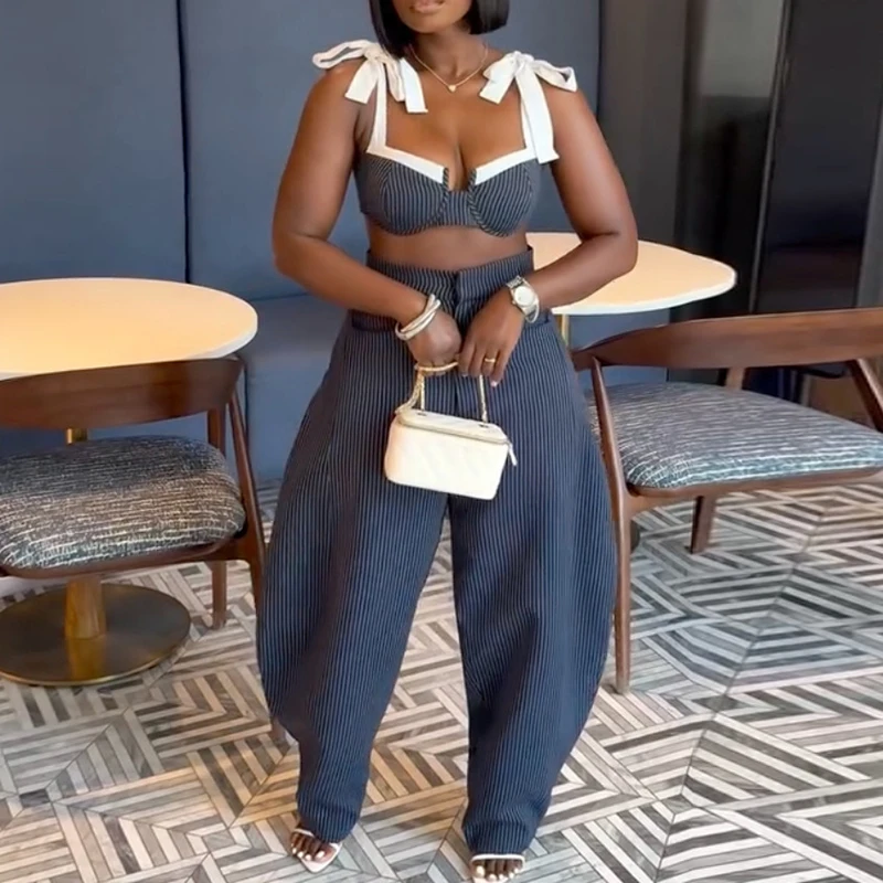Chic Contrast Color Splice Tie Up Backless Outfit Sexy Straps Off Shoulder Club Suit Women Casual High Waisted Top+Pants 2pc Set view 3