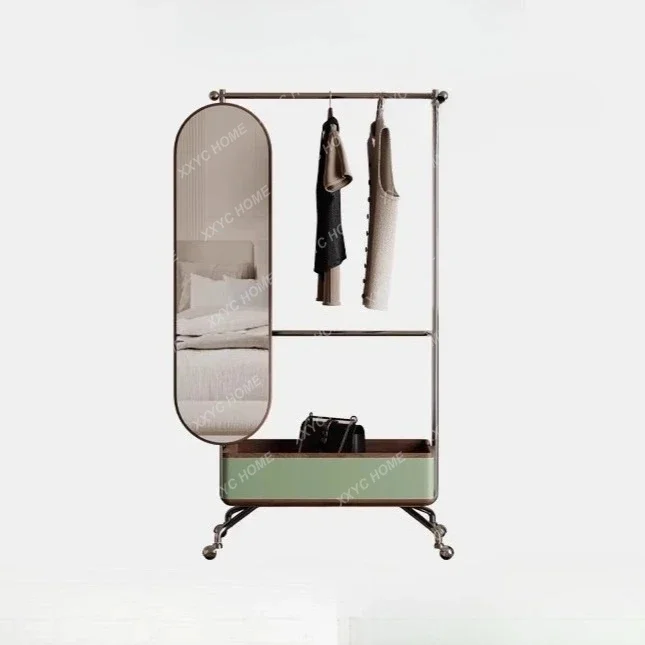 coat rack full-length mirror full-body mirror integrated saddle leather stainless steel removable  hanger with basket