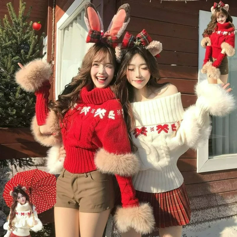 

Christmas New Year Red Sweater for Women 2026 Autumn/Winter New Style Fashionable Elegant One-shoulder Fur Collar + Sleeves