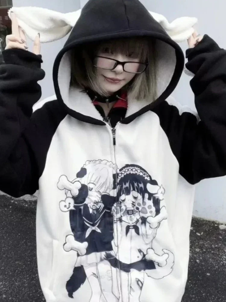 Japanese Casual Sweet Y2k Kawaii Hoodies Loose All Match Cute Contrast Color Women Coats Fashion Cartoon Print Zipper Sweatshirt