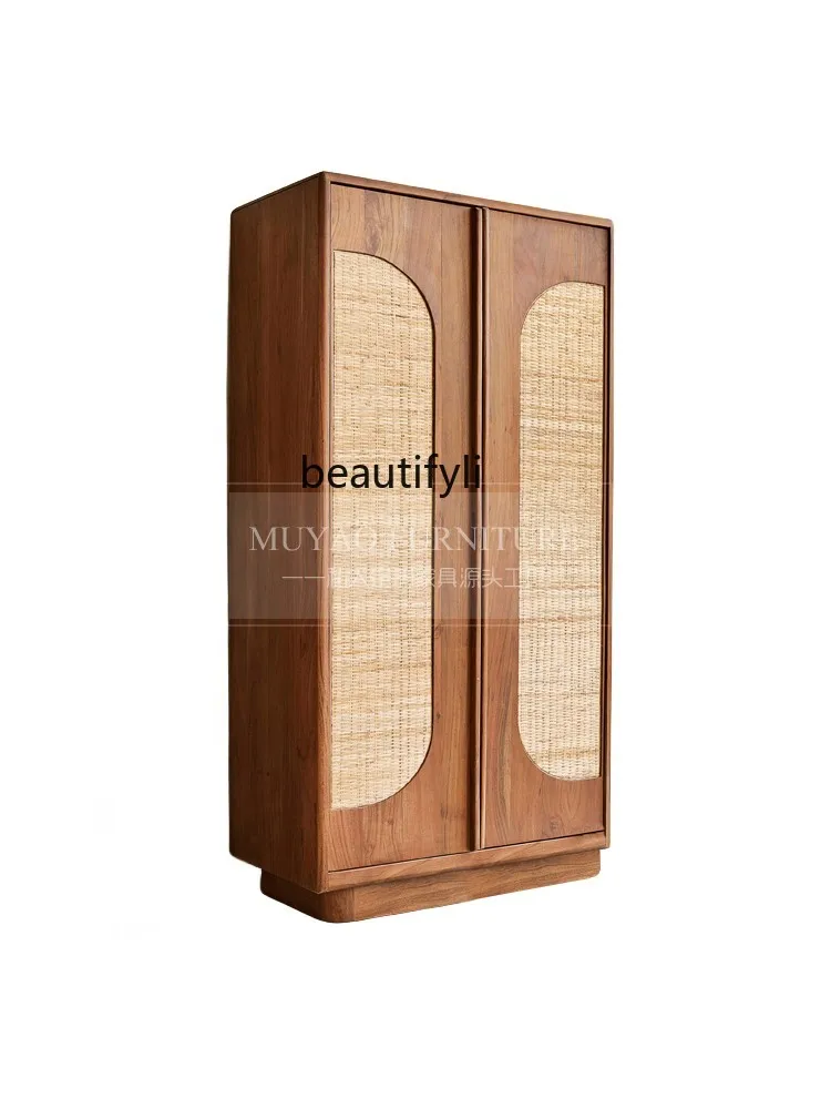 

French retro rattan wardrobe, bedroom two doors storage locker opposite door Nordic solid wood wardrobe