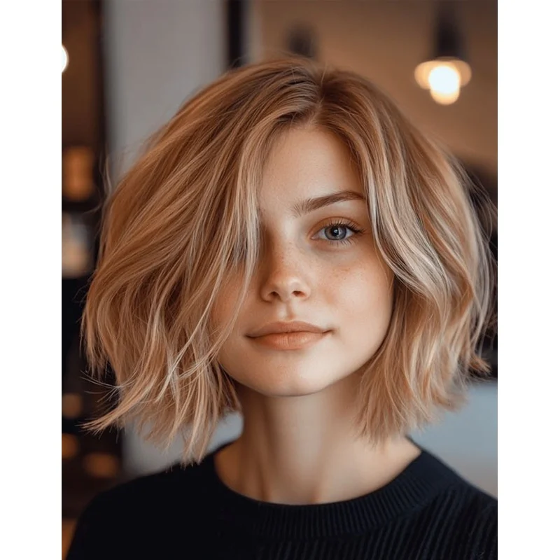 Short Light Beige Blonde Highlight Bob Cut Wigs   Human Hair Lace Front Wigs