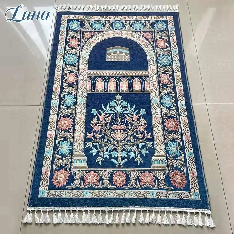 Chenille Fabric Muslims Prayer Mat Kaaba Pattern Worship Blanket Kneeling Floor Mats Arabic Prayer Rugs Pilgrimage Ramadan Gifts