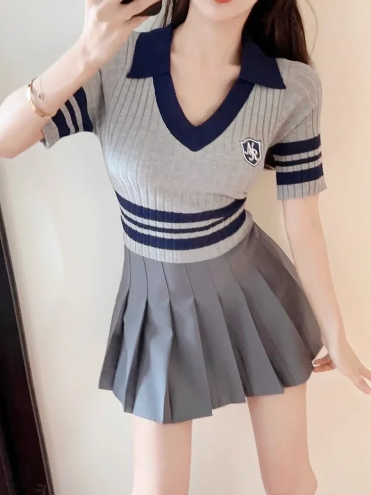 

Pop Sweet Two-piece Skirt Sets Aesthetics Y2k Clothing Polo Shirt Knit Short Sleeve T-shirt Mini Pleated Skirt Women Crop Tops S