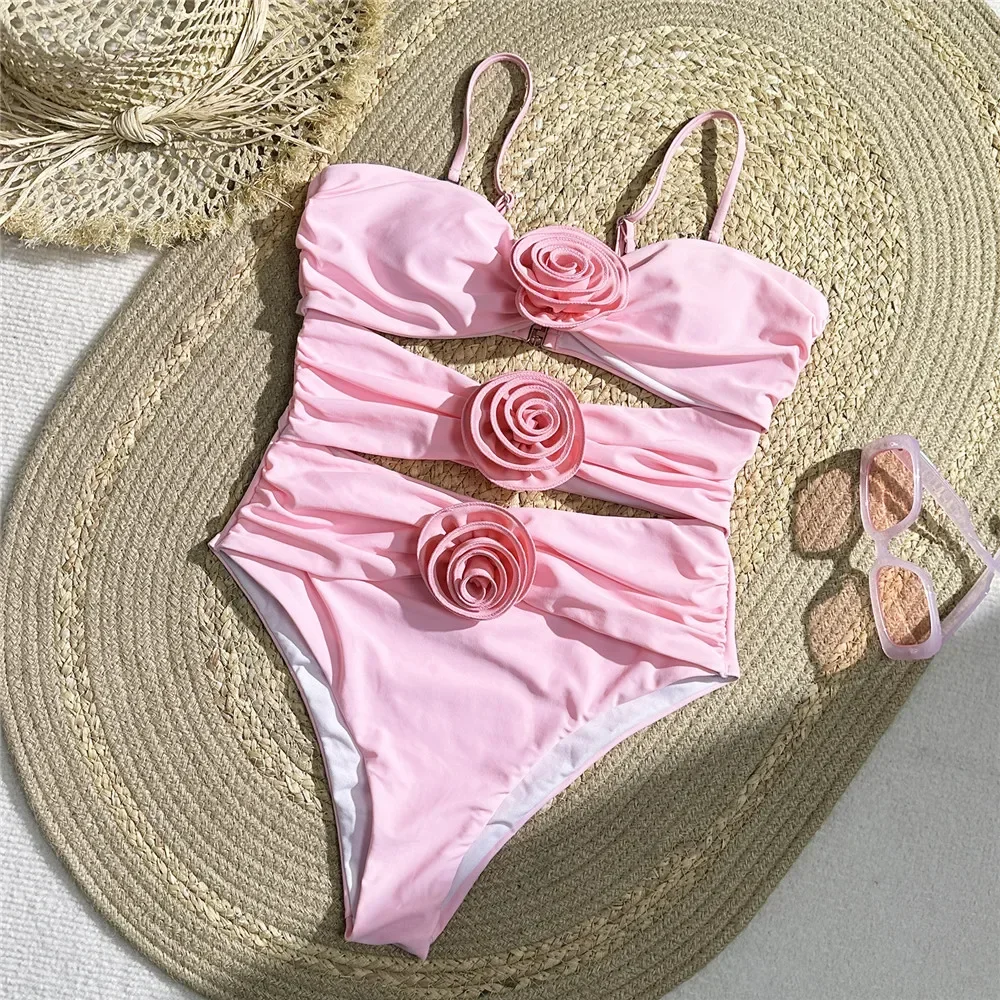 Sexy Pink 3D Flower Swimwear Woman One Piece Swimsuits Female Cut Out Monokini Bathing Suit Swimming Wear for Women Bathers 2024