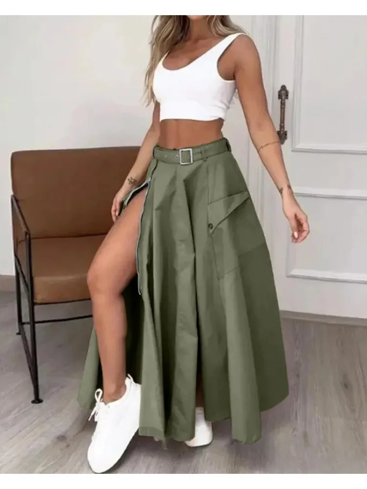 Elegant Skirts for Women Clothing Trend 2024 Casual Spring Autumn Fashion High Waist Irregular Pockets Long Skirt Lady Workwear