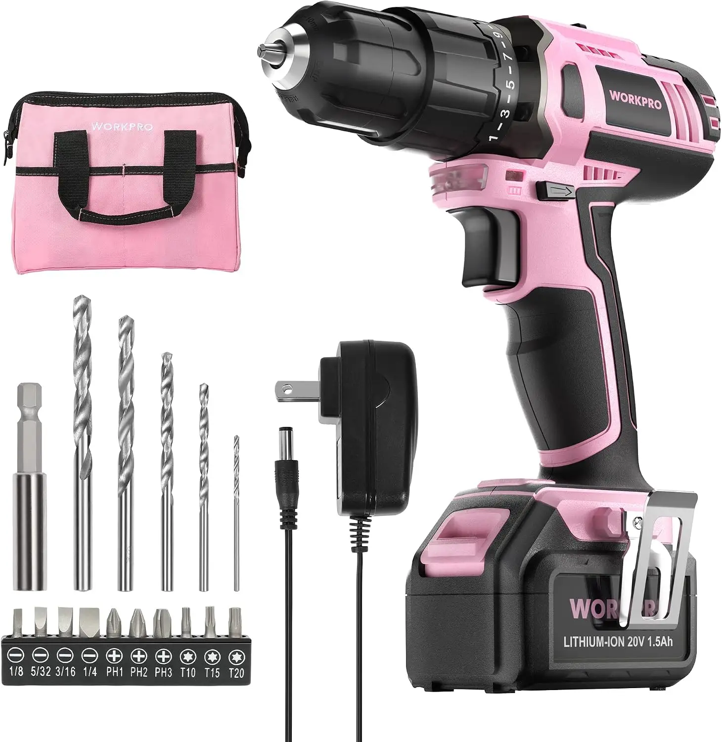 20V Cordless Drill Driver Set, Pink, 3/8