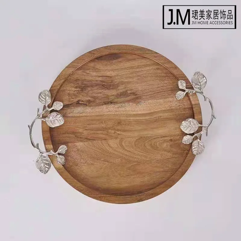 

New Chinese branch handle round solid wood tray fruit bowl coffee table decorative plate wooden bowl ornament