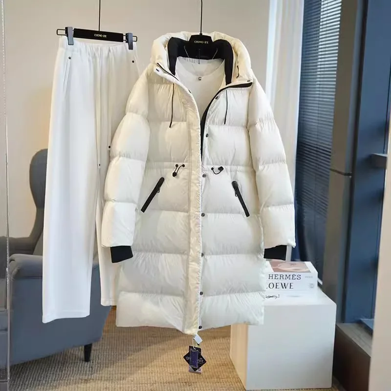 2025 المرأة الراقية 90 الأبيض بطة أسفل معطف الشتاء طويل سميكة الخصر خندق سترة دافئة حجم كبير