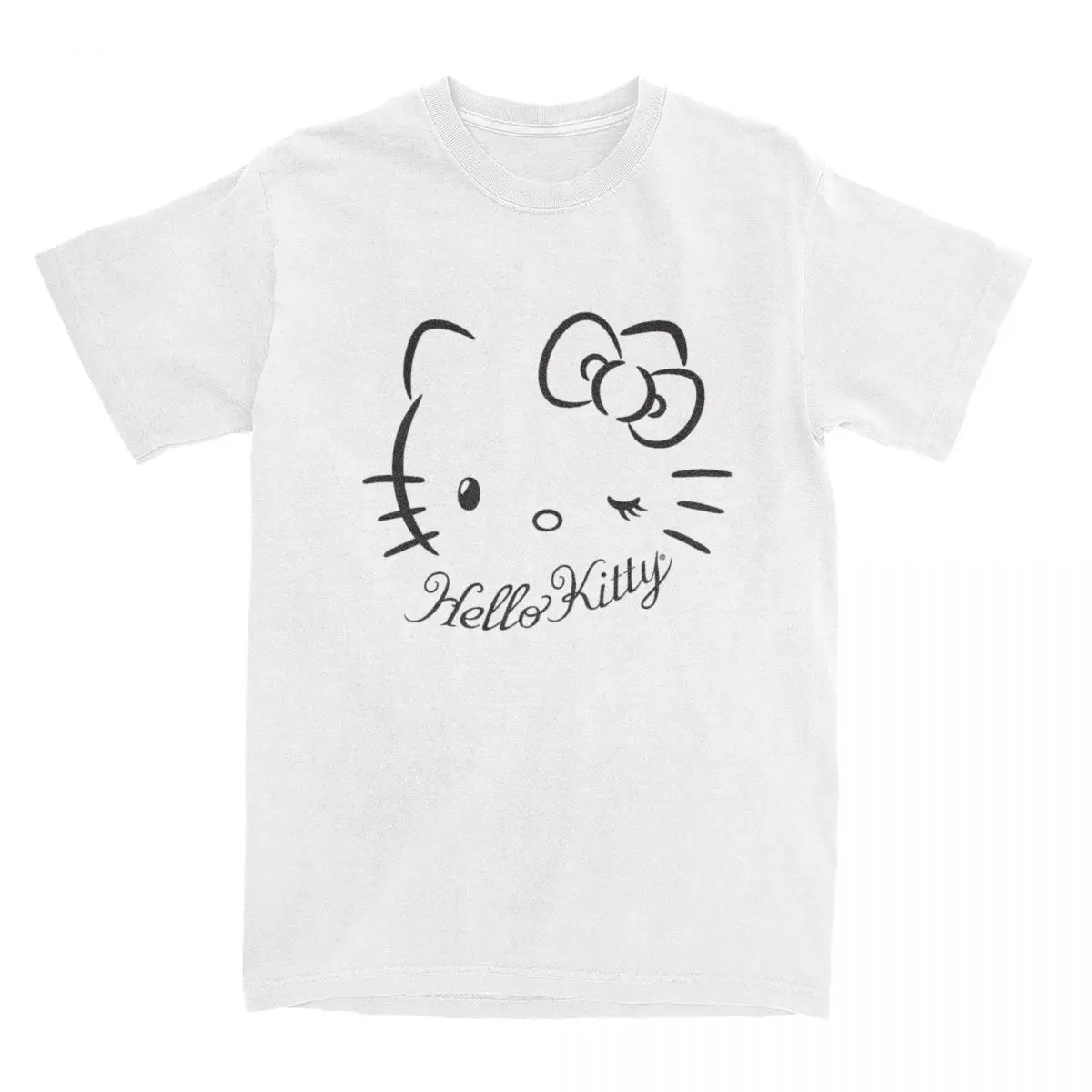 Men Hello Kitty Winking T Shirts Cute Cartoon Pure Cotton Clothes Vintage Short Sleeve Round Collar Tee Shirt Plus Size T-Shirt