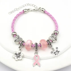 New Arrival Breast Cancer Pink Ribbon Bead Charm Bracelet Pink PU Braid Leather Bracelets For Women Jewelry Awareness Pulsera