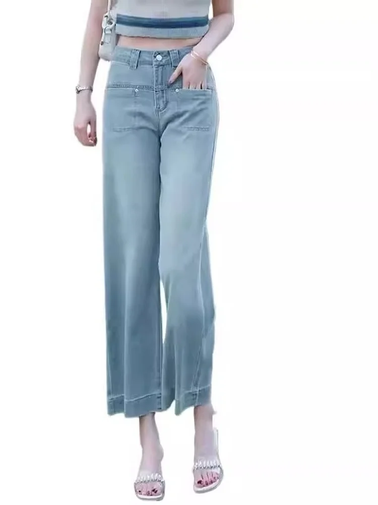 Verão fino novo 2025 luz azul denim cintura alta gelo seda drapey tamanho pequeno nove pontos perna reta calças de perna larga feminina
