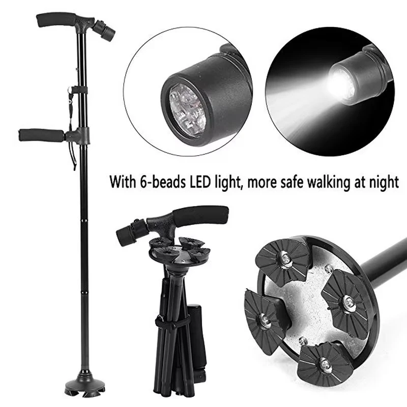 Aluminum Alloy With Led Light Non-Slip Foldable Walking Stick Collapsible Lighting Cane Adjustable Double Handle Folding Cane