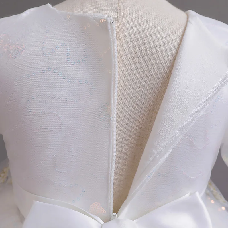 Girls summer short puffed sleeve court style princess dress pure white dress flower children piano performance #C551