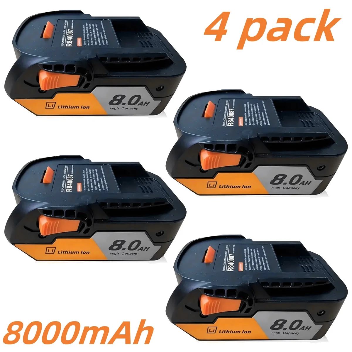 

4-Pack RIDGID R840087 18V 8.0Ah Lithium-ion Rechargeable Batteries, Compatible with R840083, R840085, AC840085 Series Power Tool