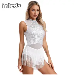 Women Sleeveless Sequin Tassel Leotard Dress Latin Dance Bodysuit for Ballroom Rumba Cha-cha Tango Samba Skating Gymnastics