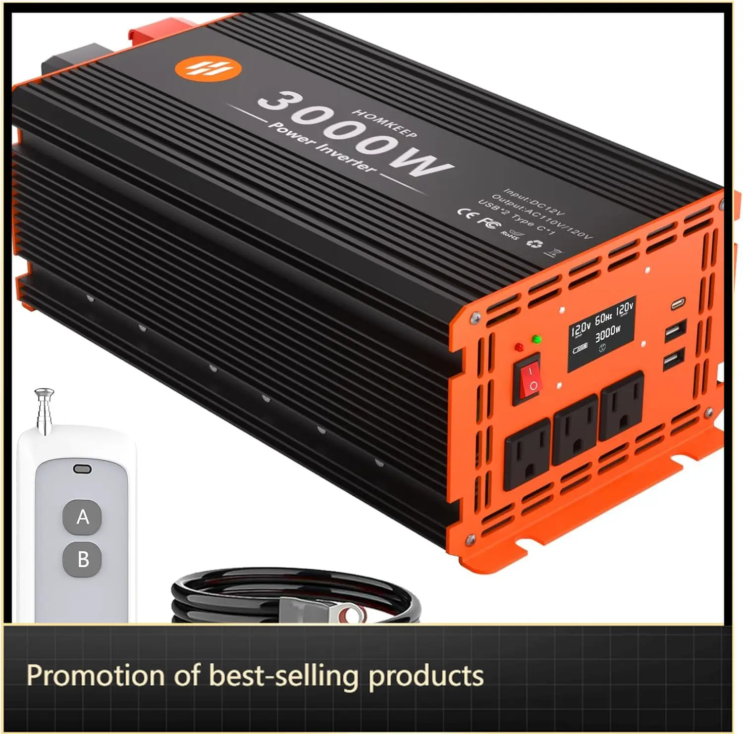 

3000 Watt Power Inverter 12V DC To 110V 120V AC Converter Peak 6000W Car Inverter LCD Display Three AC Outlets Two USB Type C Po