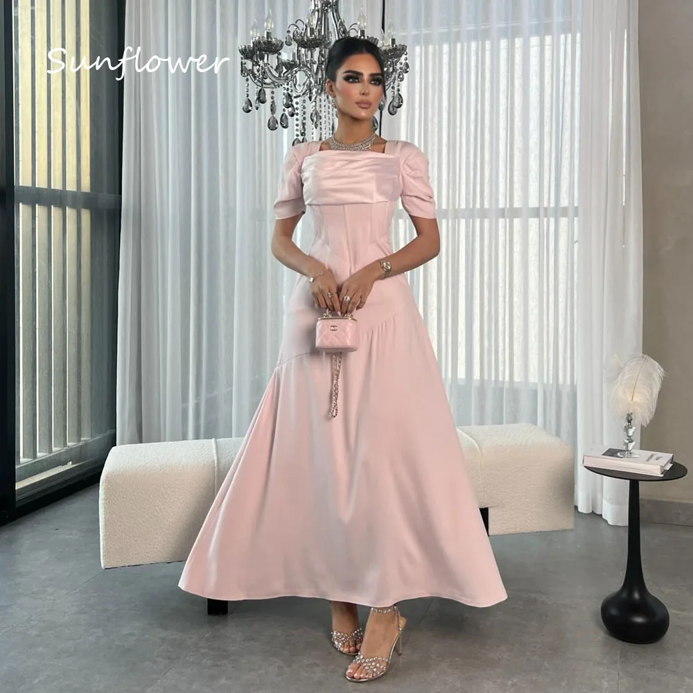 

Sunflower Pink Square Collar Crepe A-LINE Prom dress 2024 Slim Backless Lace Up Ankle-Length Formal Evening Dress