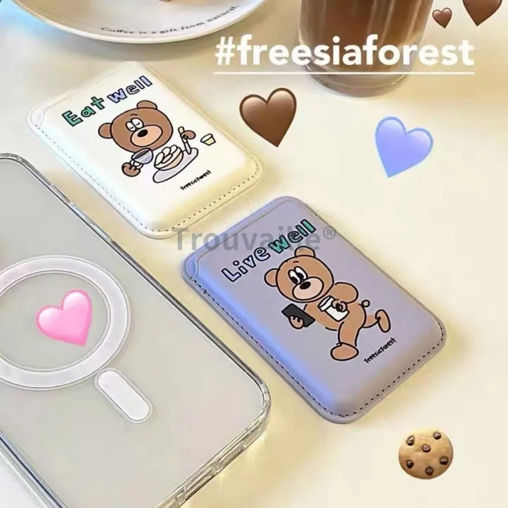 Trouvaille for Magsafe Card Holder Magnetic Phone Case Cute Korea Bear Macsafe Pink Girl for iPhone 15 14 13 12 11 Magnet Case