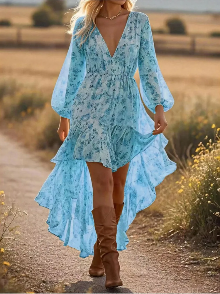 تنورة نسائية جديدة بتصميم بوهيمي وياقة على شكل V وخصر مطاطي عالي وحافة غير منتظمة متعددة الطبقات، فستان طويل بأسلوب البريري الأنيق للحفلات والشاطئ