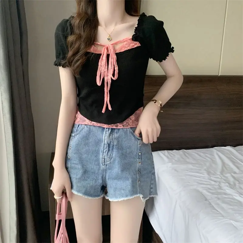 T-shirts Women Solid Lace Fake Two Pieces Simple Creativity Special All-match Summer Daily Prevalent Korean Style Delicate Sweet