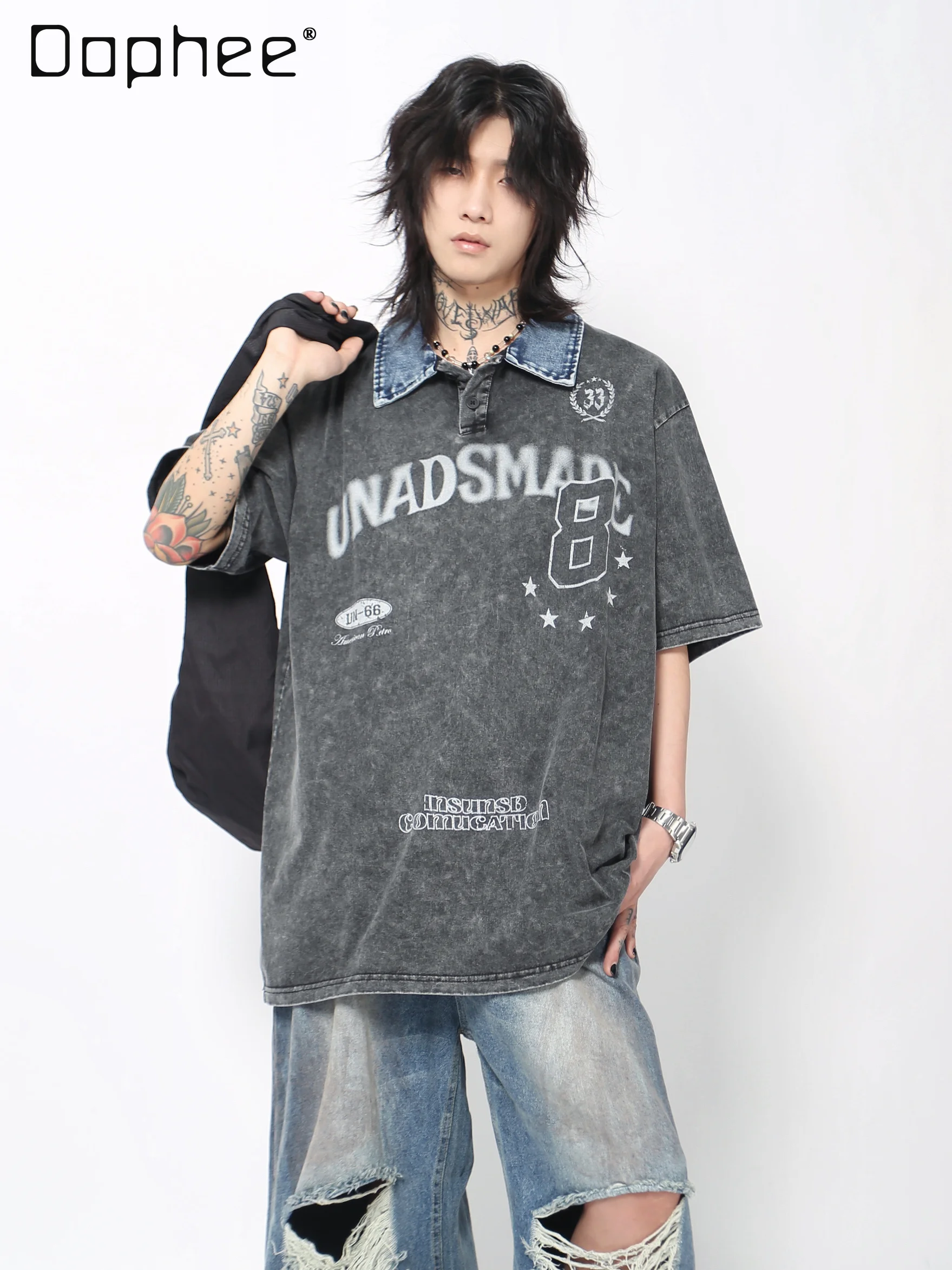 

2025 Summer New American Retro Letter Print Washed Denim Polo Shirt Short Sleeve Men's Loose Casual Daily Gray Top