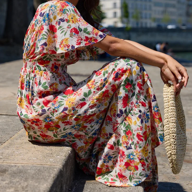 Elegante padrão impressão férias vestido de festa moda altura cintura solta vestido de manga curta senhoras sexy com decote em v plissado bohe vestido longo