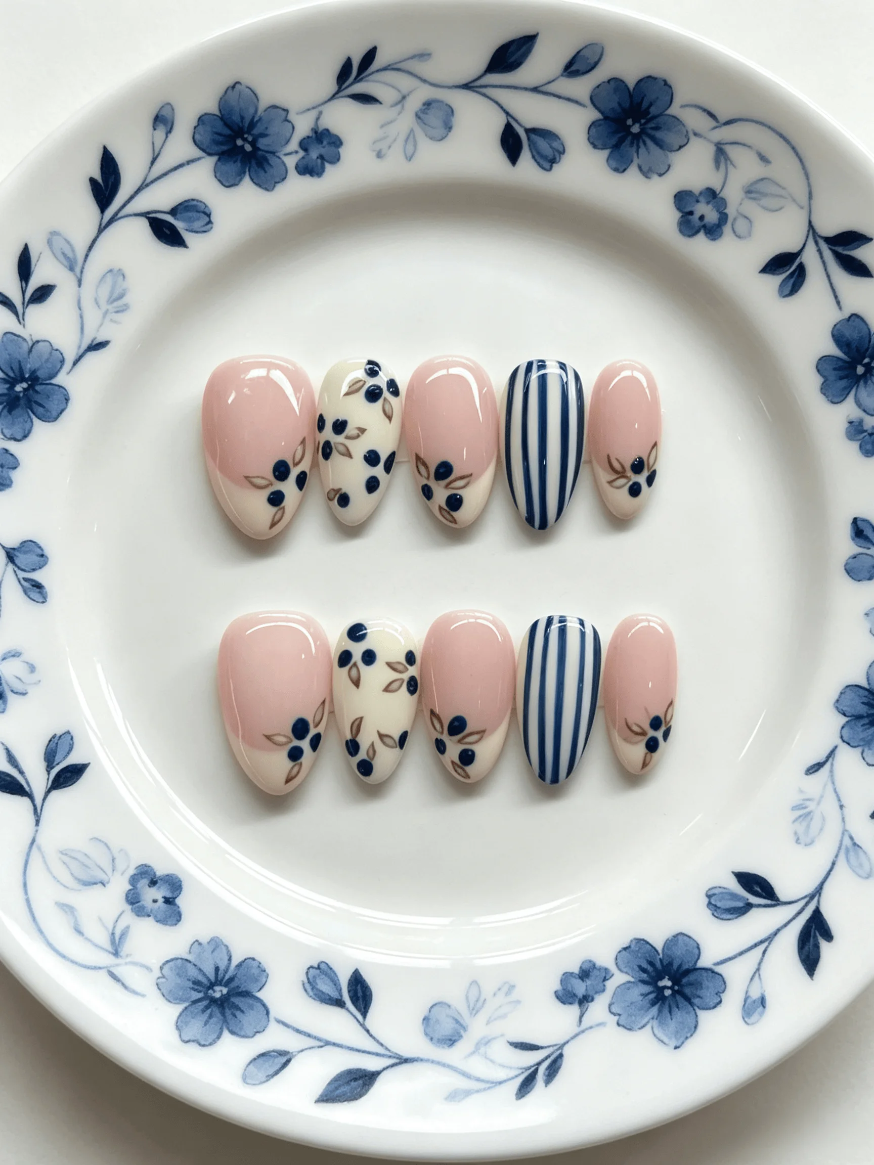 10 Pieces of Pure Handmade Almond-Shaped Full-Cover Nail Tips, Medium-Short Length, Pink and Blue Floral Design, High-End Custom Exclusive Design, Elegant and Fresh Pastoral Style, Suitable for Women and Girls, Perfect for Spring Outings, Picnics, and as a Gift, Includes 1 Piece of Jelly Glue and 1 Nail File
