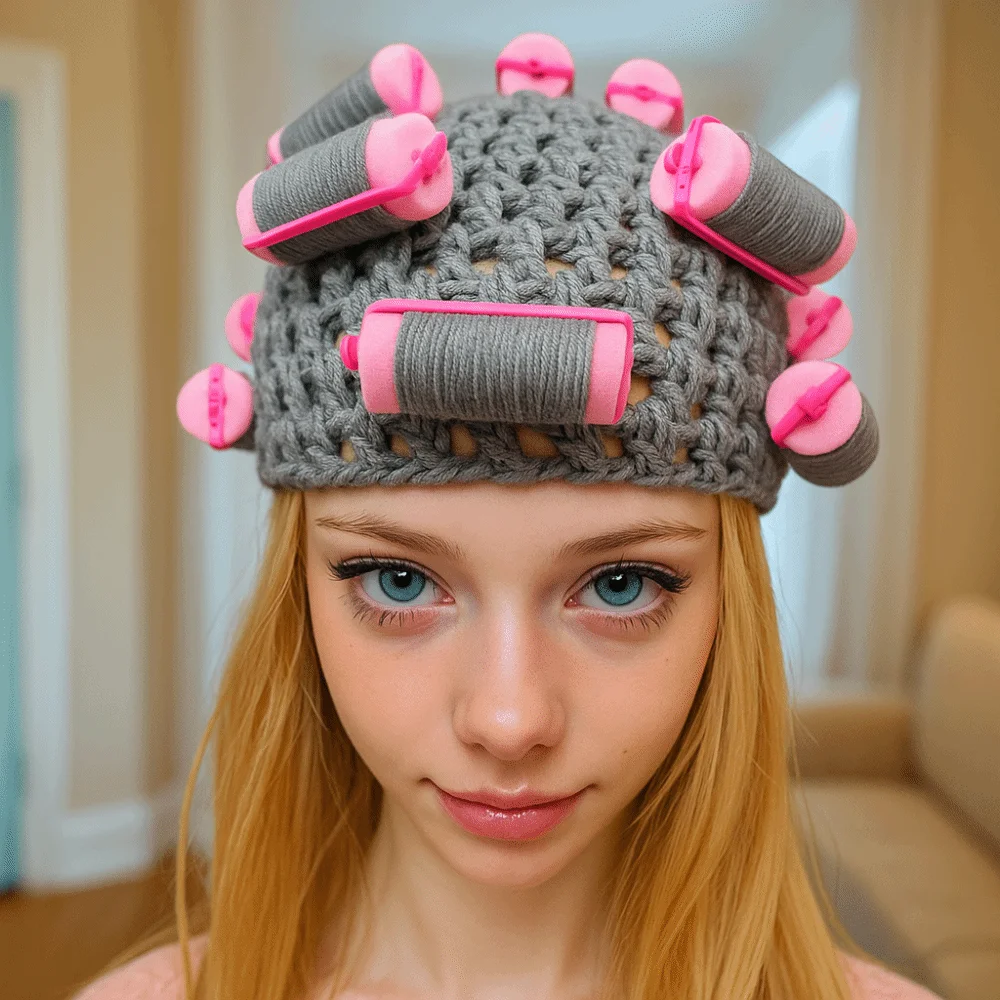 Playful Warm Hair Curler Knitted Hat Thick Soft Pullover Cap Funny Stretchy Curly Hair Yarn Beanie Outdoor