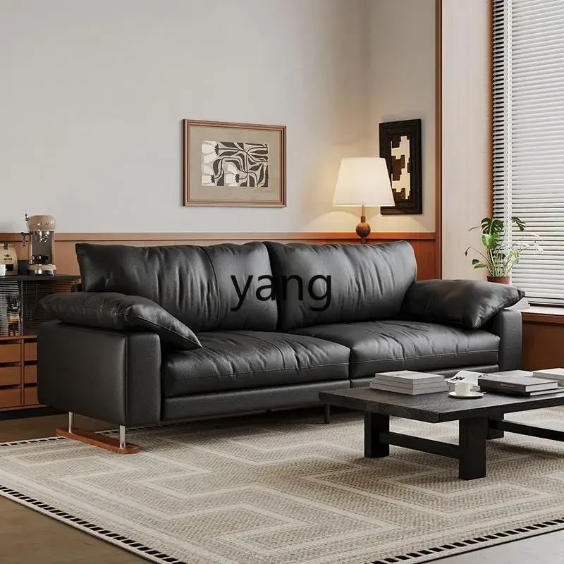 LH medieval leather sofa small apartment retro living room straight row black first layer cowhide high-footed sofa