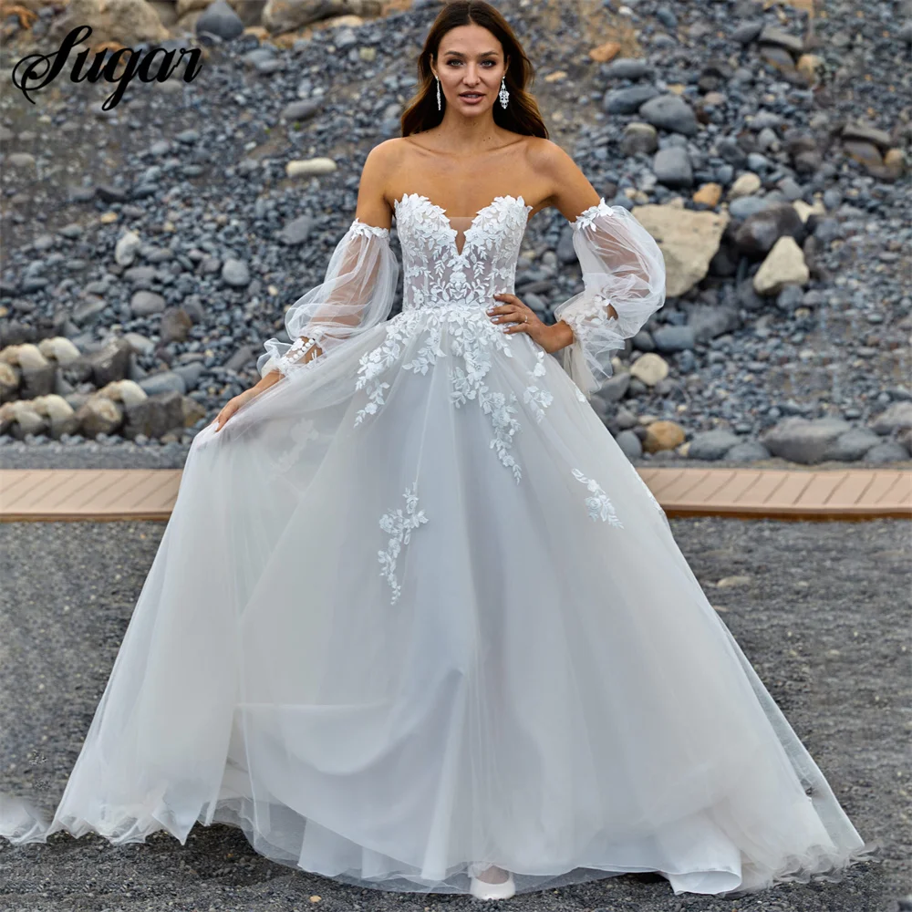 

Off The Shoulder Beach Wedding Dresses Puff Sleeve Backless For Women Brides Appliques Floor Length Princess Robe De Mariée