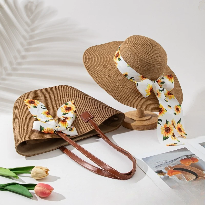 

Модная и универсальная соломенная шляпа для отдыха из 2 предметов, защита от солнца и солнцезащитный козырек, удобная для путешествий, большая вместимость.