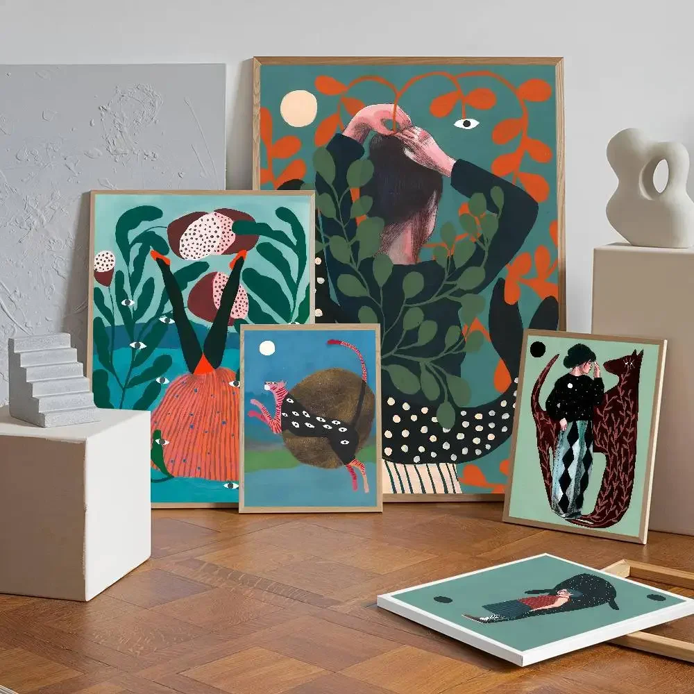 الشمال امرأة نباتات الأسماك والحيوان Jaqua المشارك ذاتية اللصق الفن ورق مقاوم للماء ملصق مقهى بار غرفة جدار ديكور