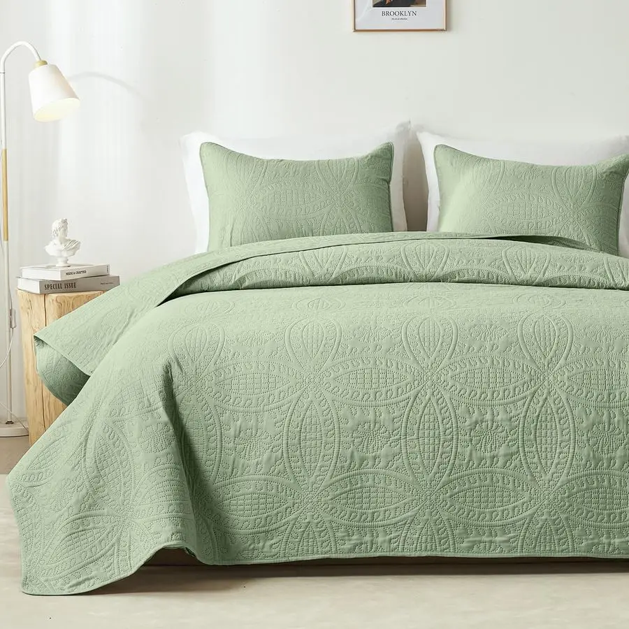 

Quilts Queen Size,Sage Green Ultrasonic Full Queen Quilt Set,Lightweight Soft Bedspread Coverlet,Modern Style Coin Pattern Bed C