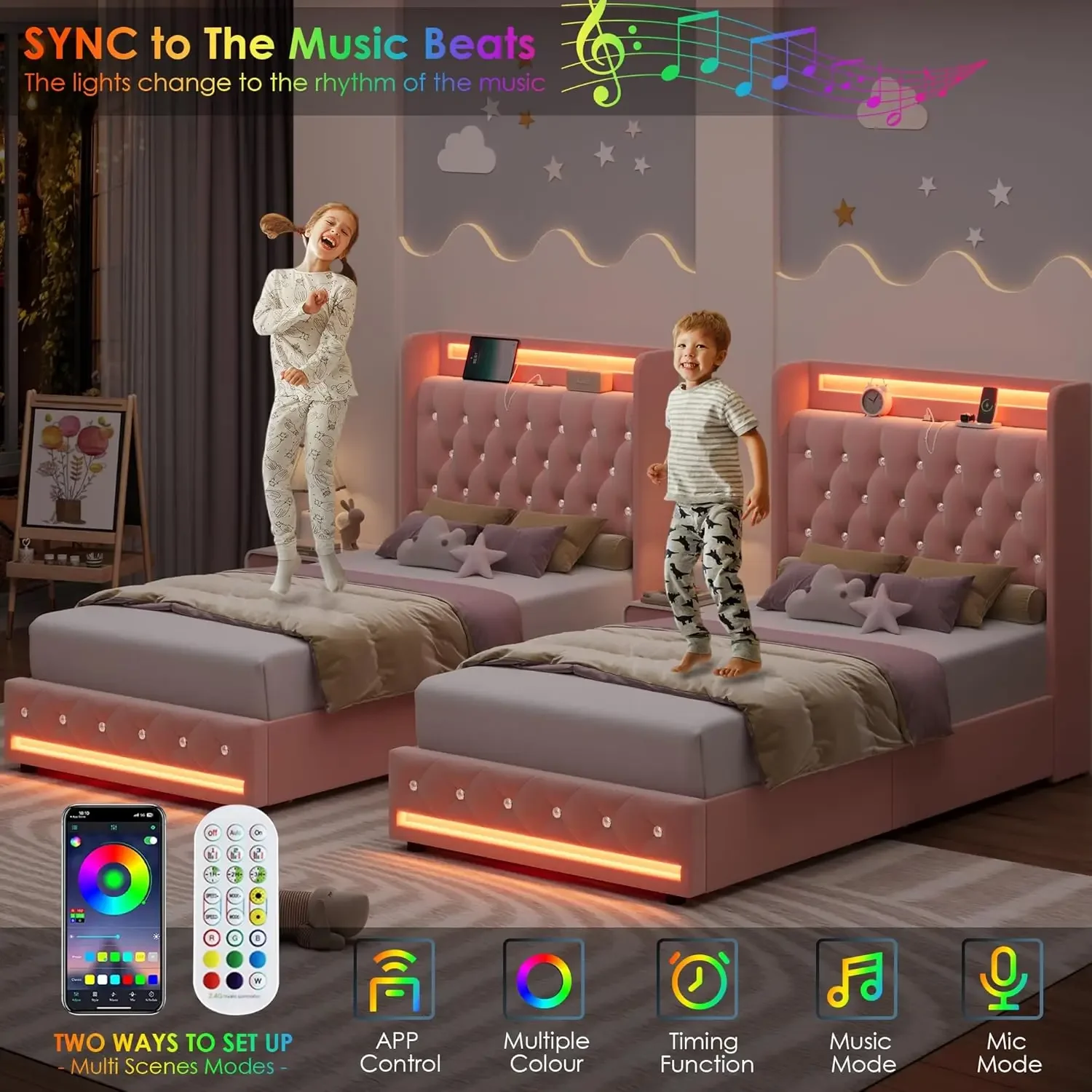 Upholstered Twin LED Bed Frame with Charging Station Headboard & 4 Storage Drawers, Velvet Crystal Button-Tufted Princess