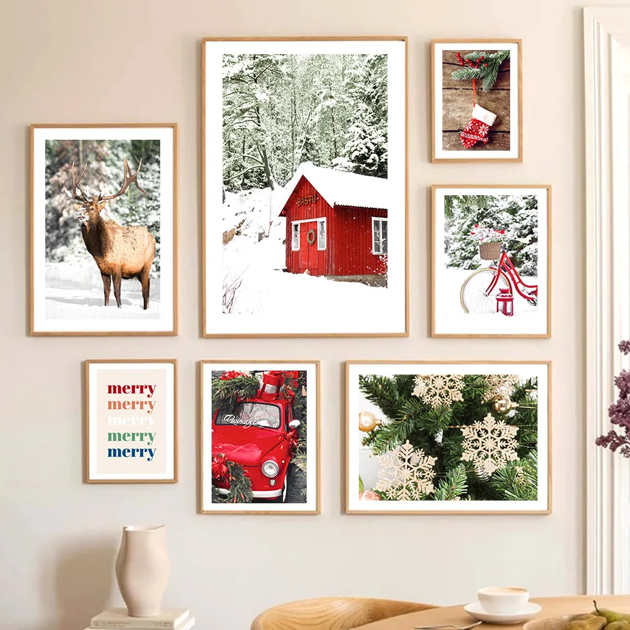 Red Vintage Car Bike Deer Snowflake Christmas Posters Prints Canvas Painting Wall Art Pictures For Living Room Home Decor