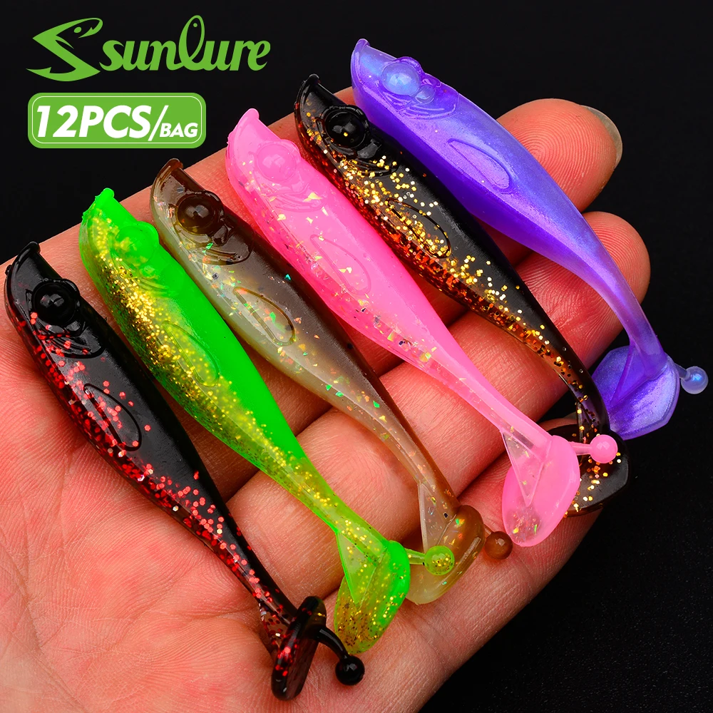 

Sunlure Fish Body T-shaped Paddle Tail Artificial Silicone Soft Bait 12PCS/Bag Drag Swing Swimming Bait Bass Saltwater Lures