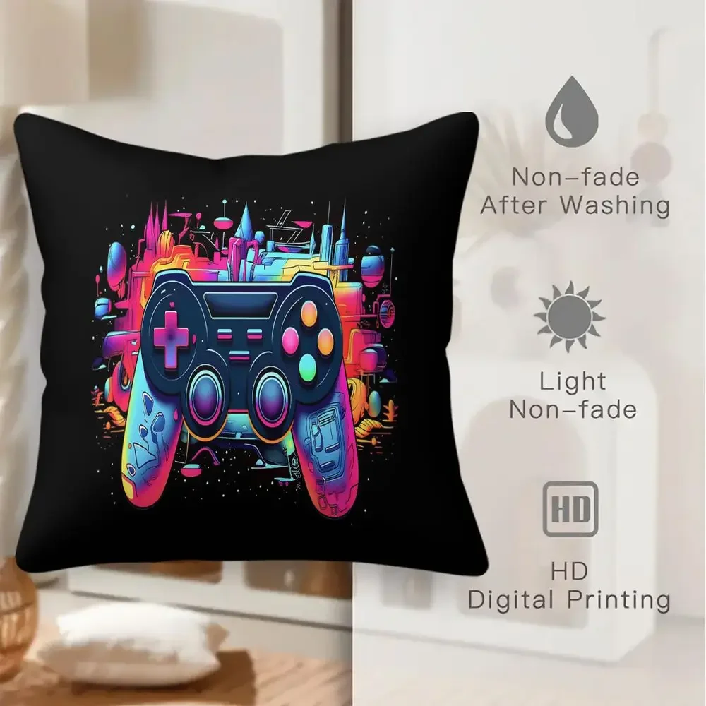 Colorful Gaming Controller Throw Pillow Vibrant Digital Print Cushion Cover Gamer Room Decor Sofa Bed Gift 45x45cm With Insert