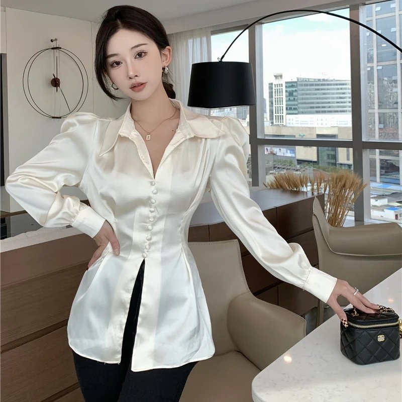 French Elegant Satin Shirts Women Spring Autumn New Slit Single Breasted Bubble Sleeve Bandage Blouses or Tops for Woman