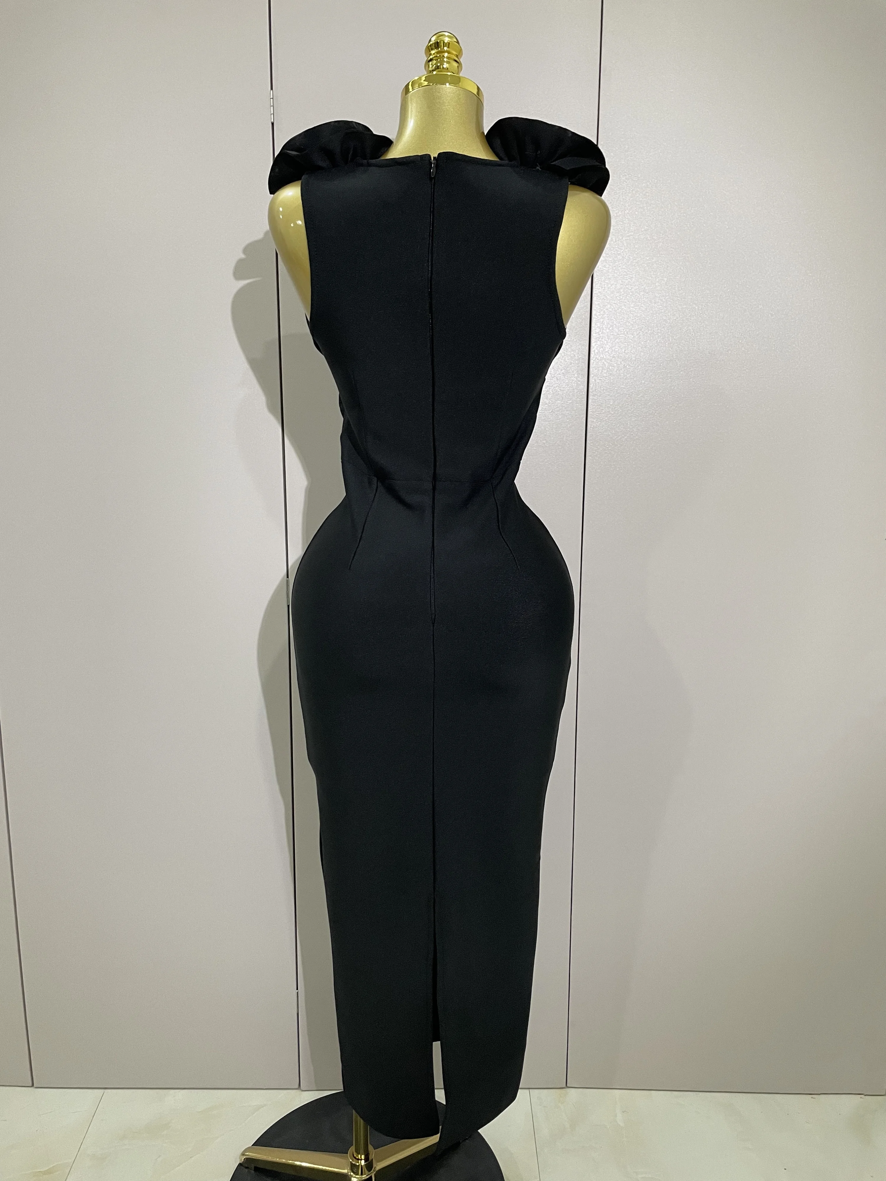 2025 Sexy mode noir 3D fleur sans manches moulante longue robe de pansement femmes célébrité élégante fête d'anniversaire robe robes